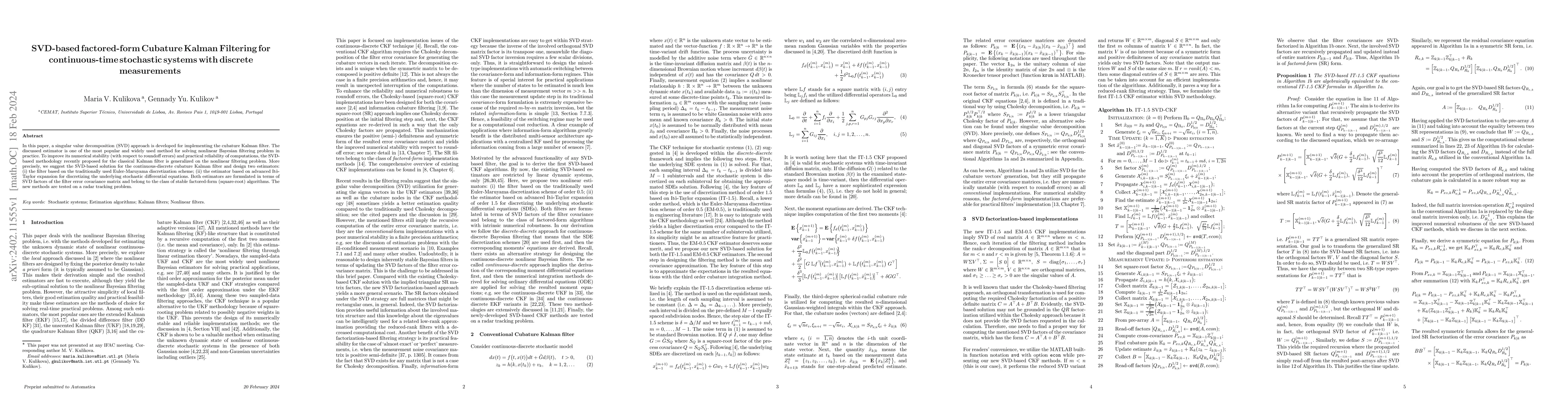 Thumbnail for SVD-based factored-form Cubature Kalman Filtering for continuous-time
  stochastic systems with discrete measurements