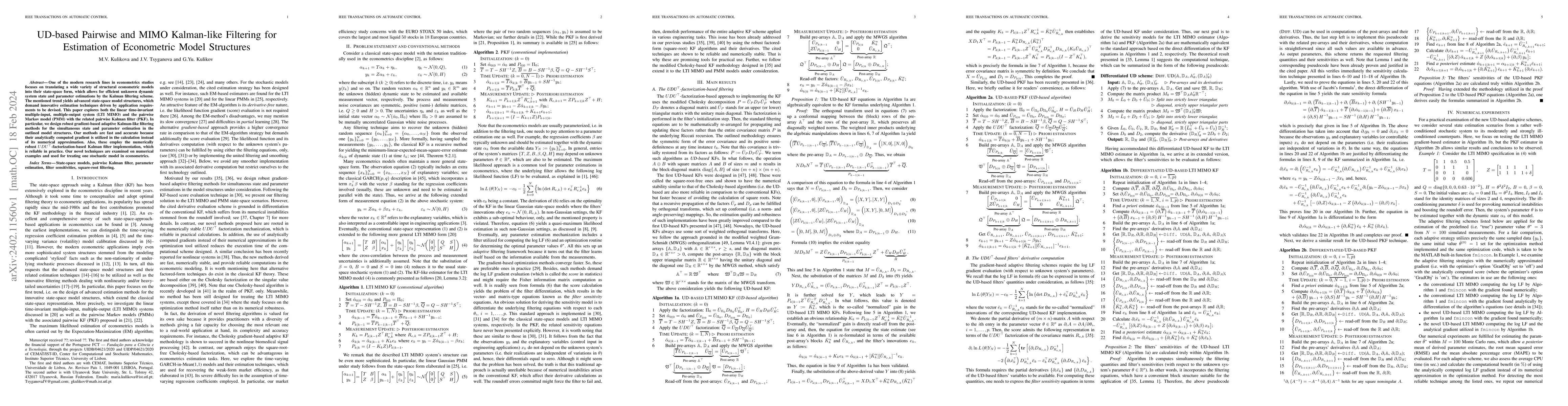 Thumbnail for UD-based pairwise and MIMO Kalman-like filtering for estimation of
  econometric model structures