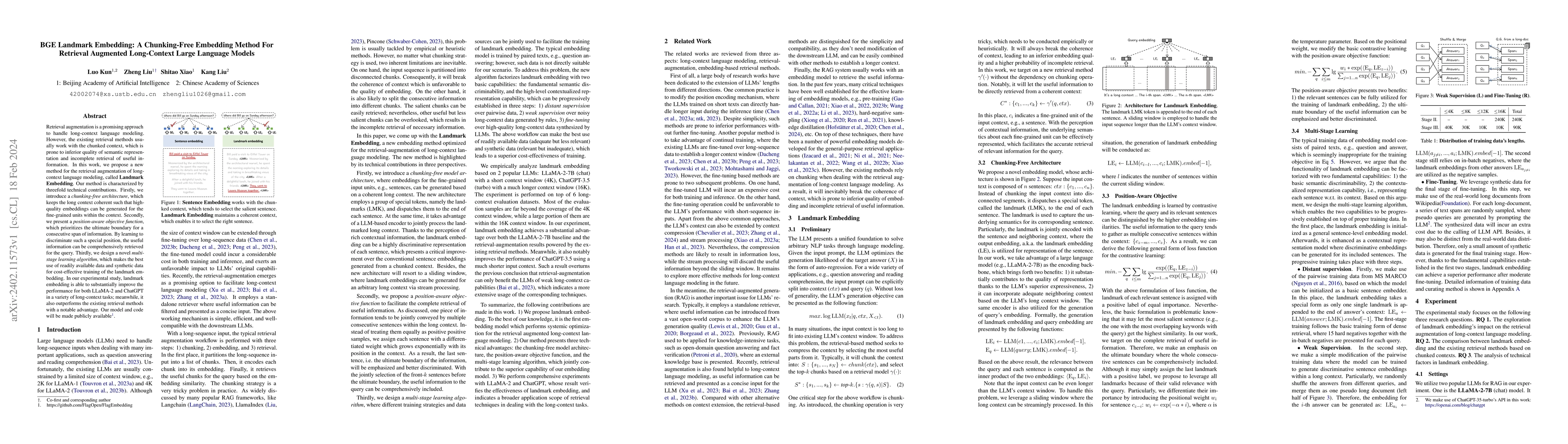 Thumbnail for BGE Landmark Embedding: A Chunking-Free Embedding Method For Retrieval
  Augmented Long-Context Large Language Models