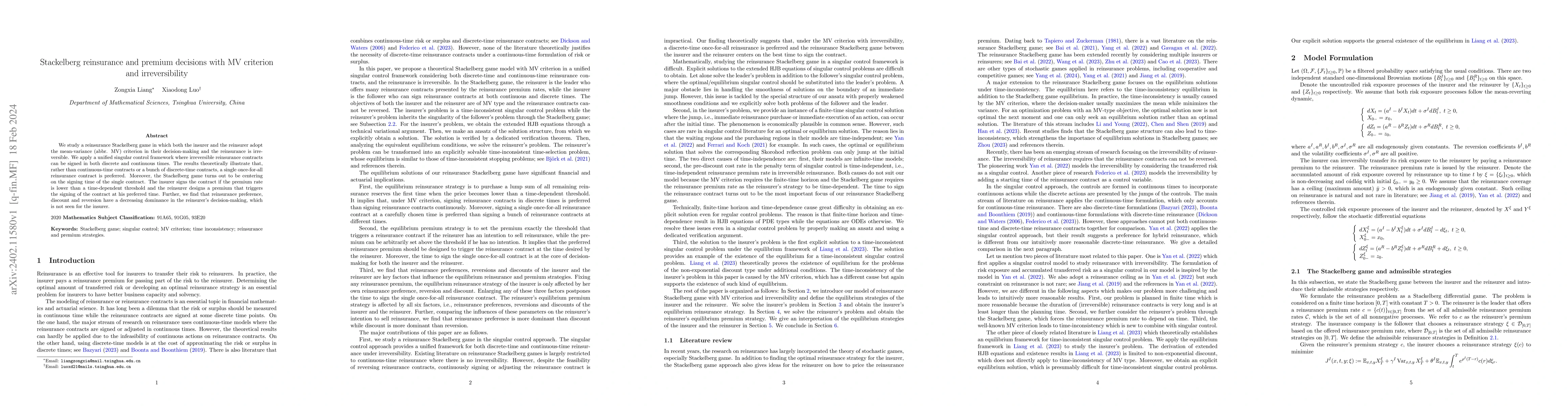 Thumbnail for Stackelberg reinsurance and premium decisions with MV criterion and
  irreversibility