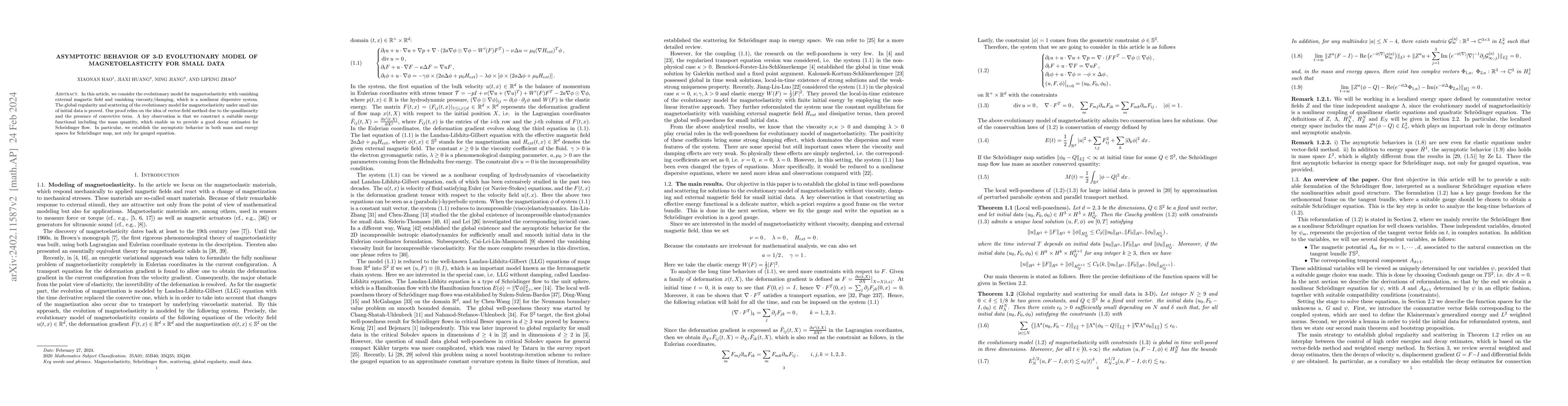 Thumbnail for Asymptotic behavior of 3-D evolutionary model of Magnetoelasticity for
  small data