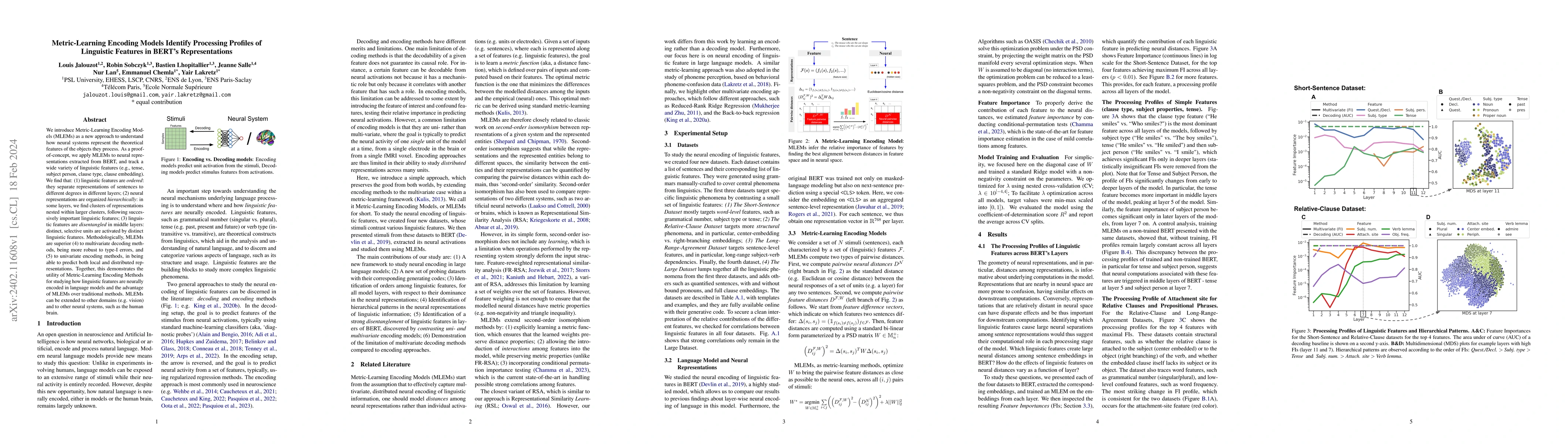 Thumbnail for Metric-Learning Encoding Models Identify Processing Profiles of
  Linguistic Features in BERT's Representations