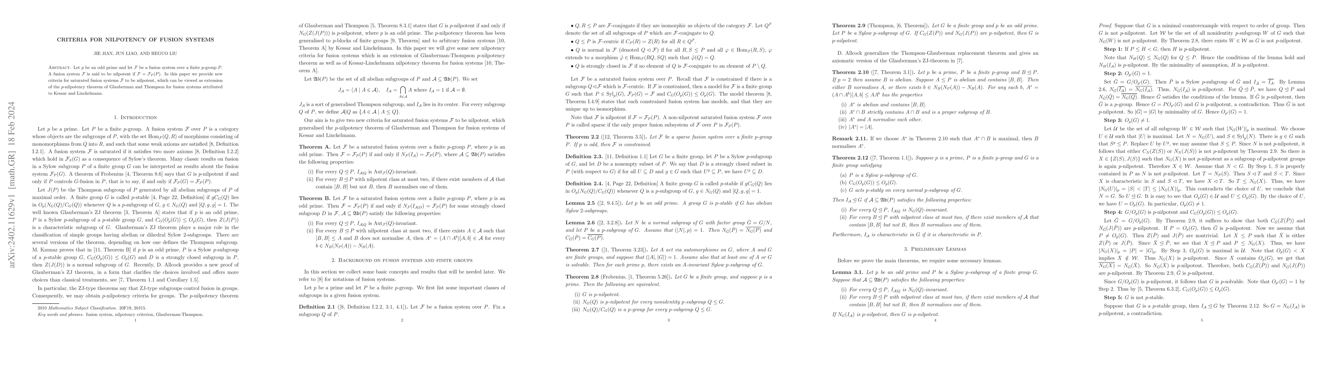 Thumbnail for Criteria for nilpotency of fusion systems