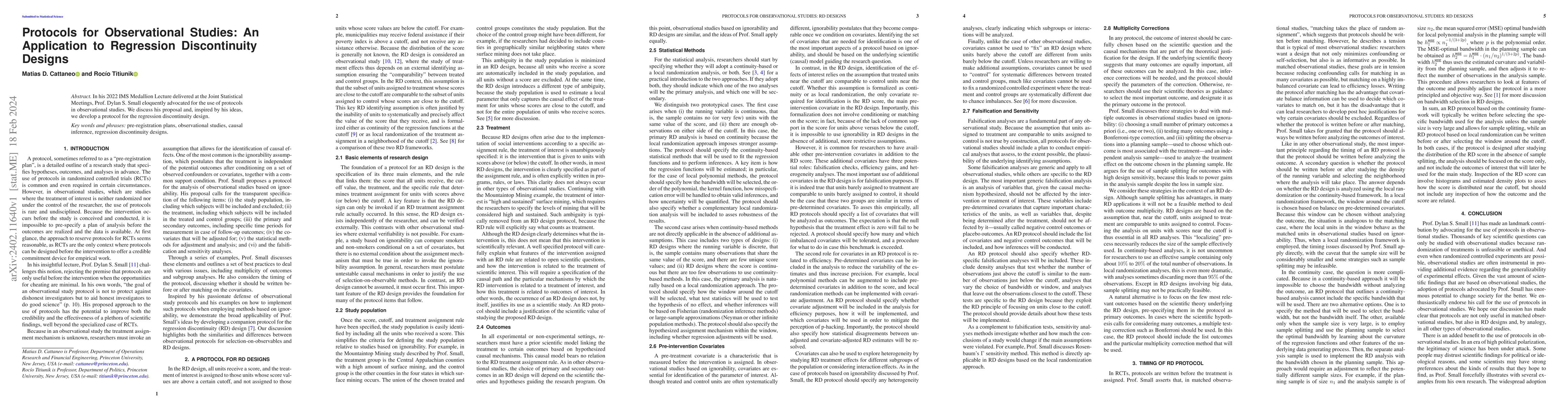 Thumbnail for Protocols for Observational Studies: An Application to Regression
  Discontinuity Designs