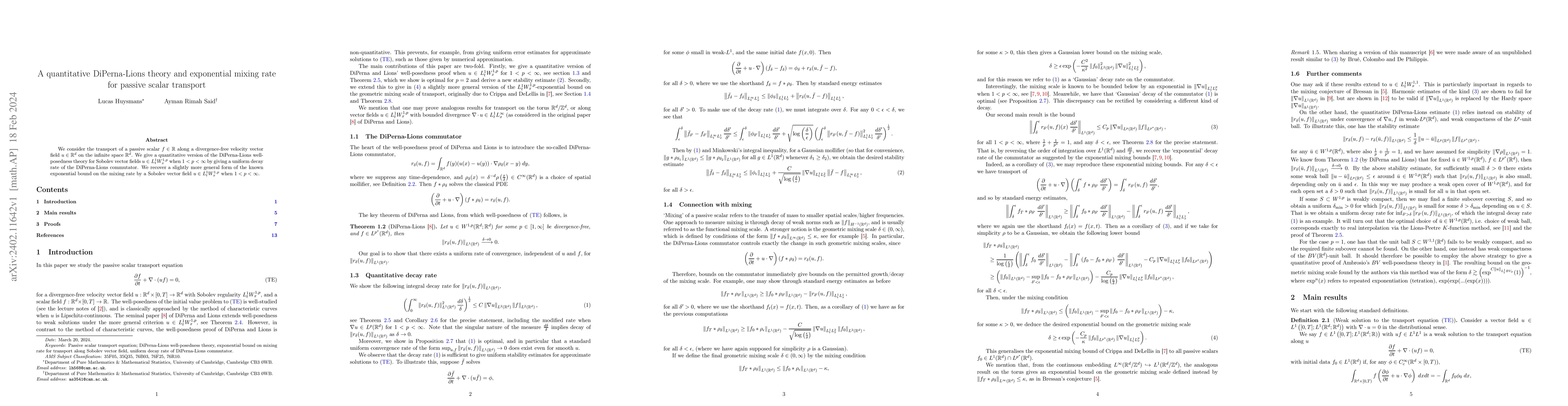 Thumbnail for A quantitative DiPerna-Lions theory and exponential mixing rate for
  passive scalar transport