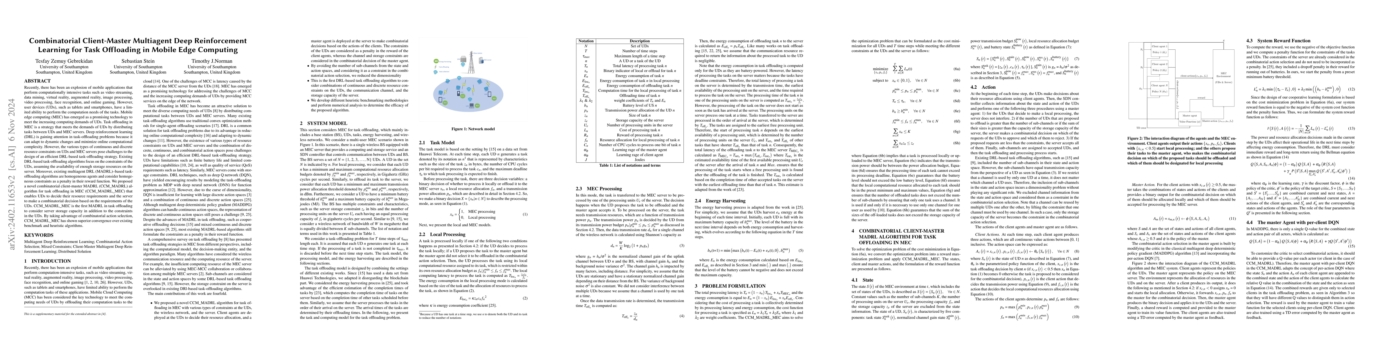 Thumbnail for Combinatorial Client-Master Multiagent Deep Reinforcement Learning for
  Task Offloading in Mobile Edge Computing