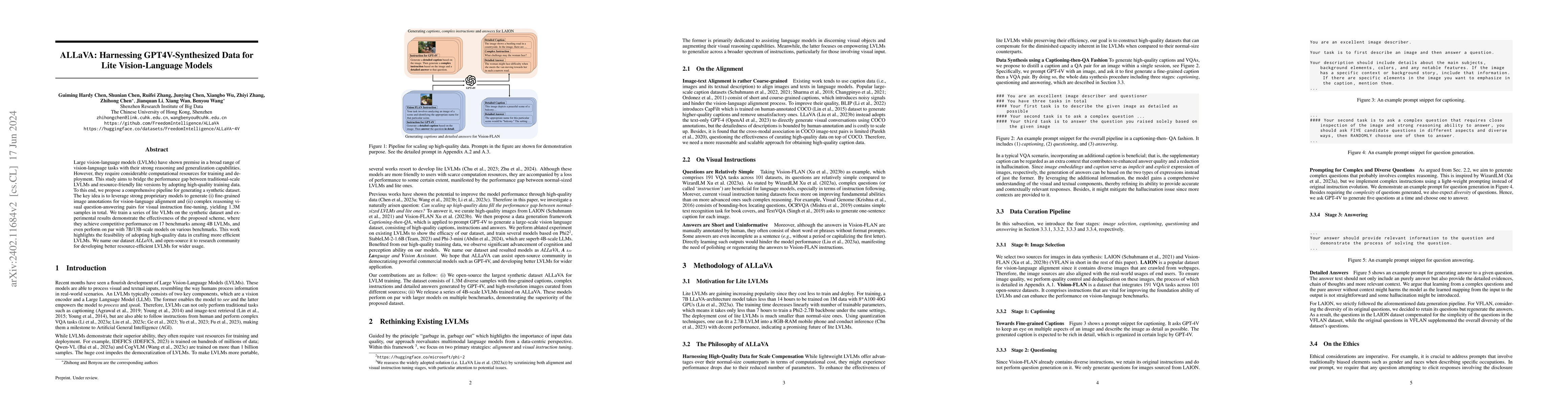 Thumbnail for ALLaVA: Harnessing GPT4V-Synthesized Data for Lite Vision-Language
  Models