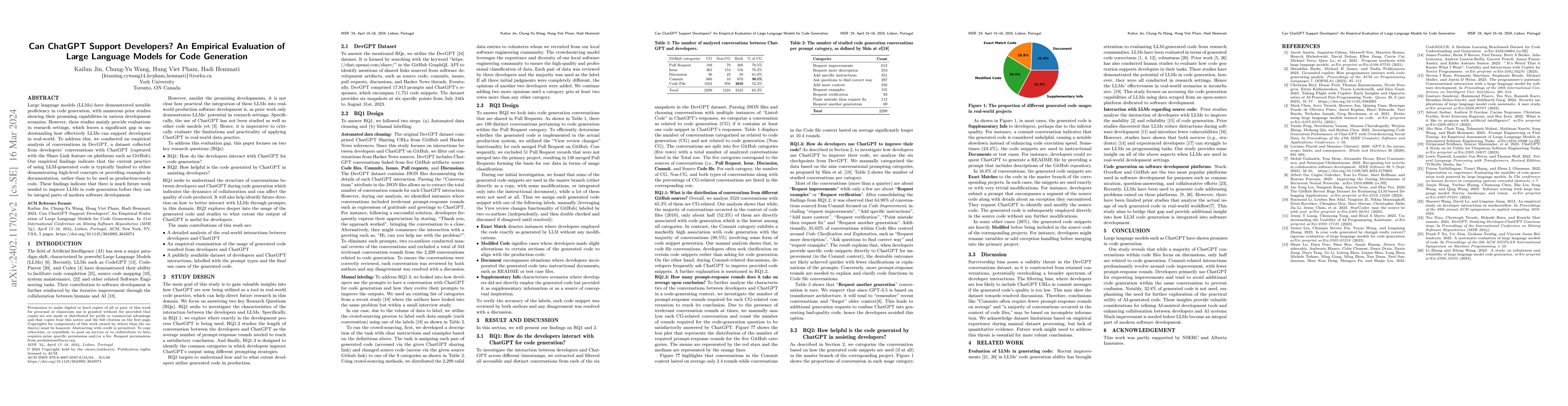 Thumbnail for Can ChatGPT Support Developers? An Empirical Evaluation of Large
  Language Models for Code Generation