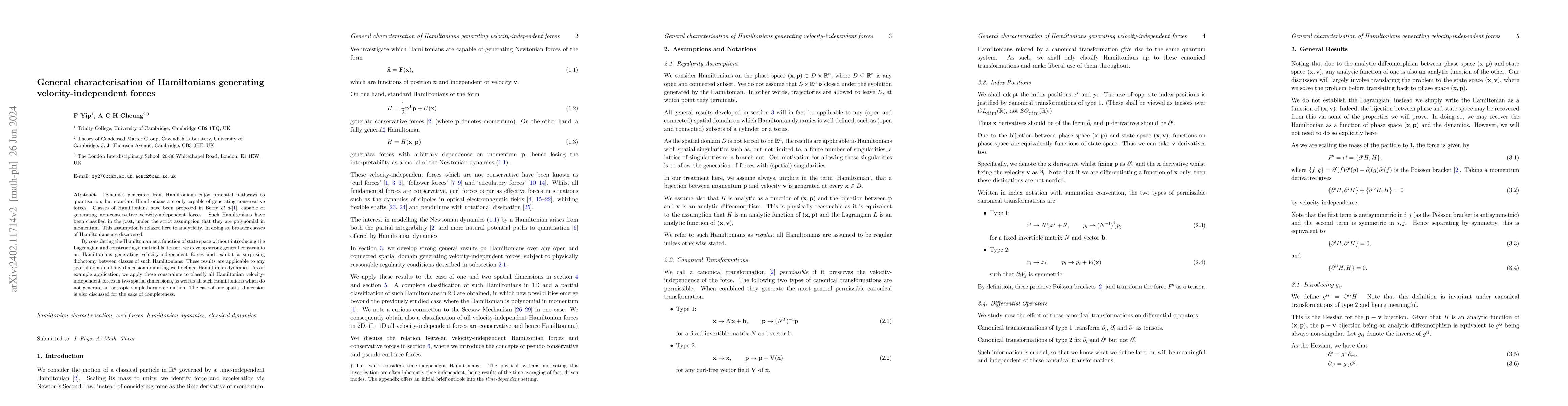 Thumbnail for General characterisation of Hamiltonians generating velocity-independent
  forces