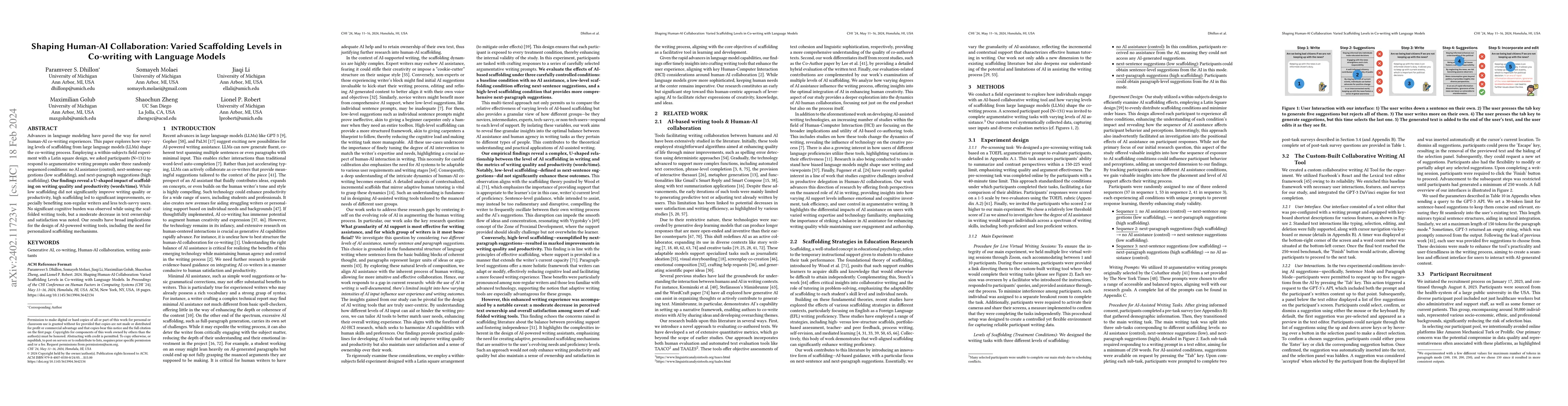 Thumbnail for Shaping Human-AI Collaboration: Varied Scaffolding Levels in Co-writing
  with Language Models