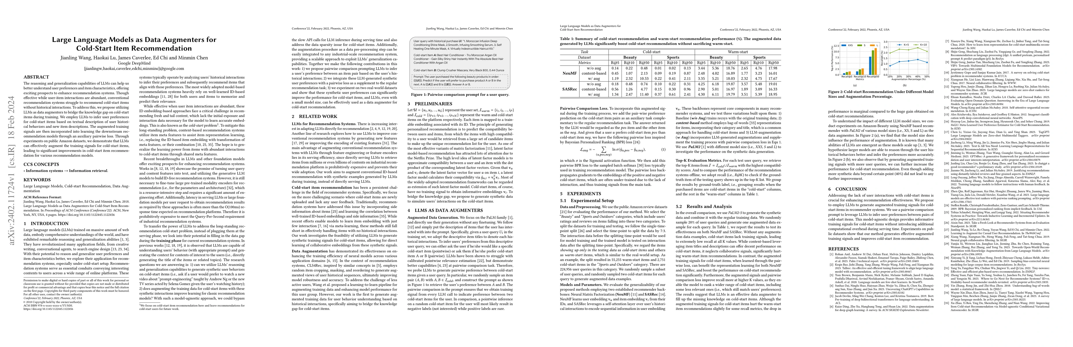 Thumbnail for Large Language Models as Data Augmenters for Cold-Start Item
  Recommendation