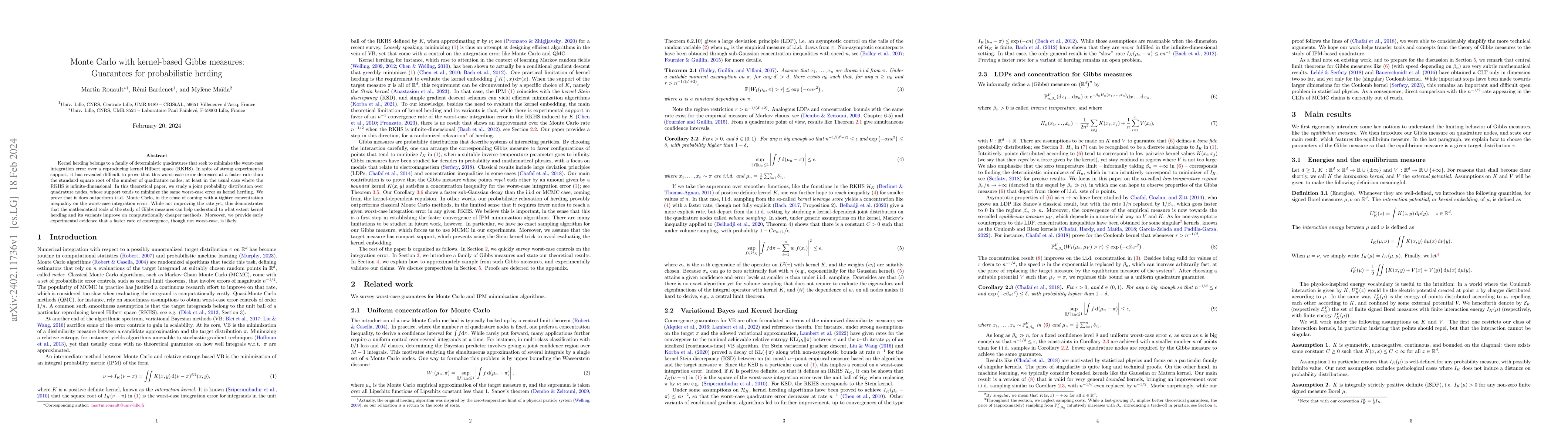 Thumbnail for Monte Carlo with kernel-based Gibbs measures: Guarantees for
  probabilistic herding