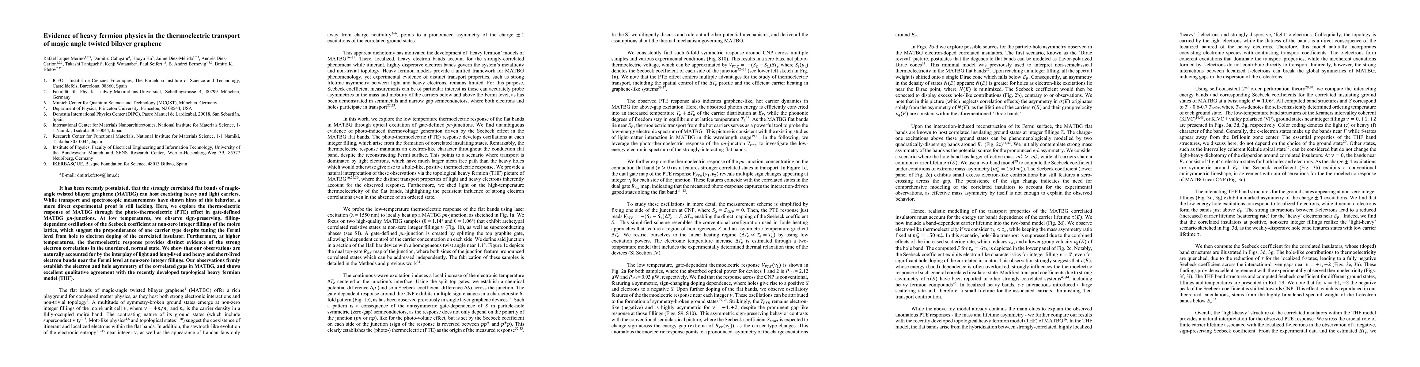 Thumbnail for Evidence of heavy fermion physics in the thermoelectric transport of
  magic angle twisted bilayer graphene