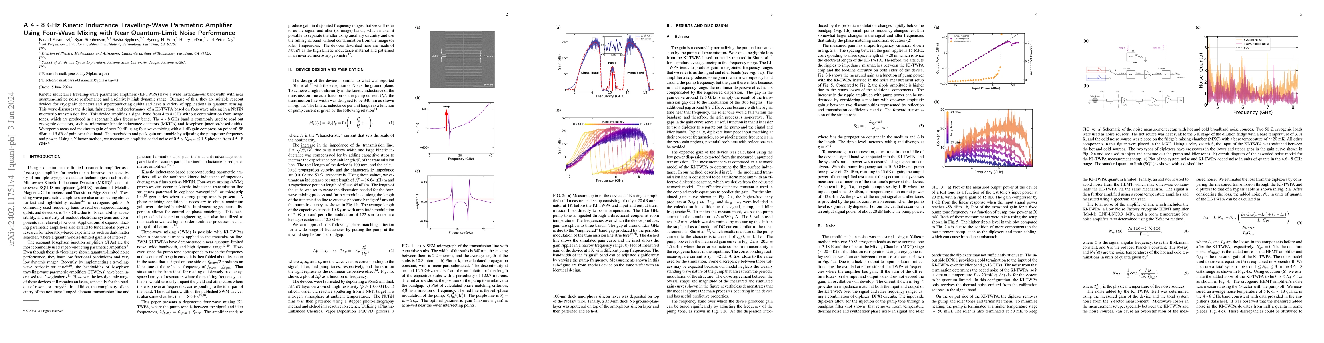 Thumbnail for A 4-8 GHz Kinetic Inductance Travelling-Wave Parametric Amplifier Using
  Four-Wave Mixing with Near Quantum-Limit Noise Performance