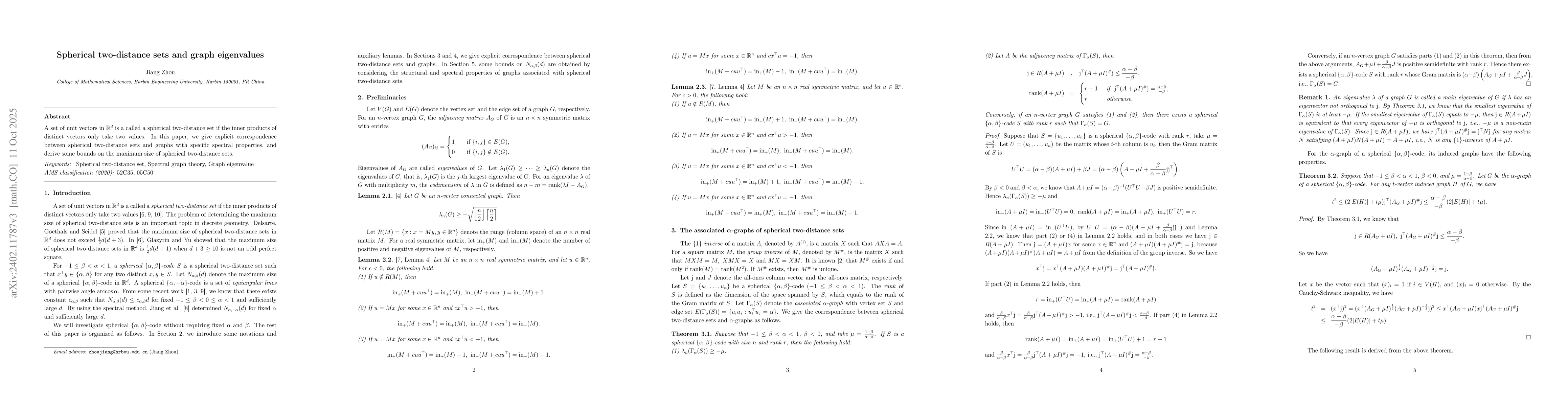 Thumbnail for Spherical two-distance sets and graph eigenvalues