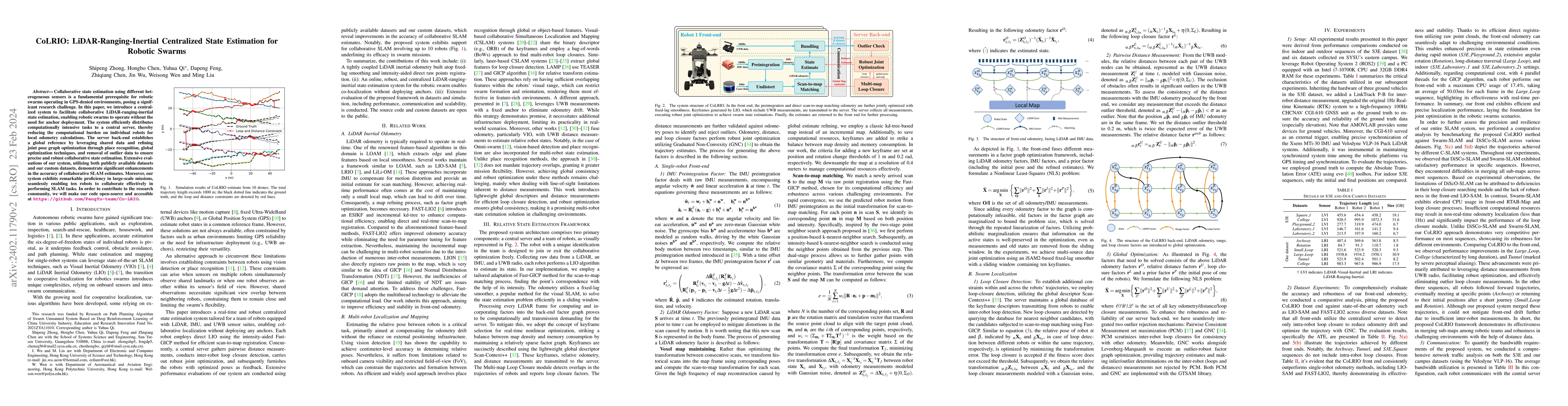 Thumbnail for CoLRIO: LiDAR-Ranging-Inertial Centralized State Estimation for Robotic
  Swarms