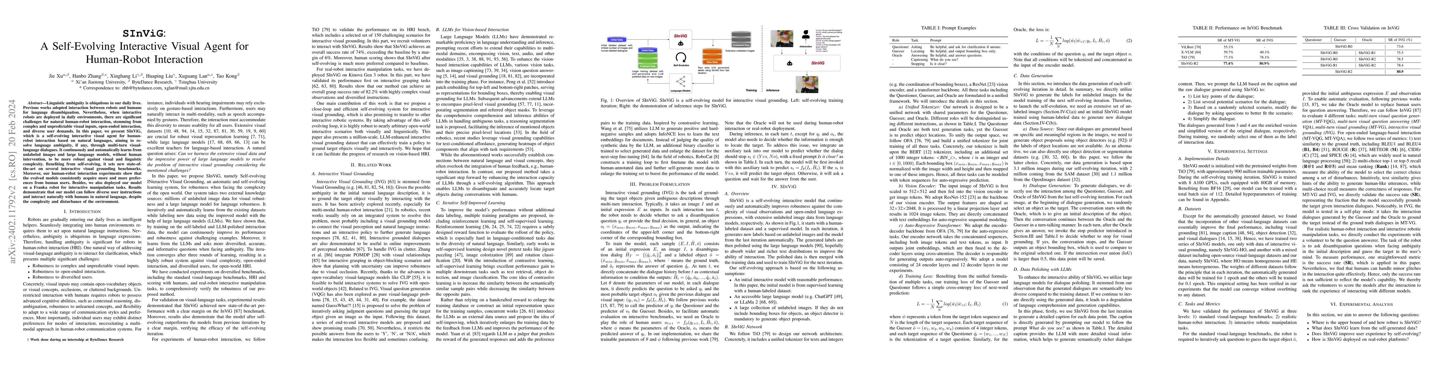 Thumbnail for SInViG: A Self-Evolving Interactive Visual Agent for Human-Robot
  Interaction