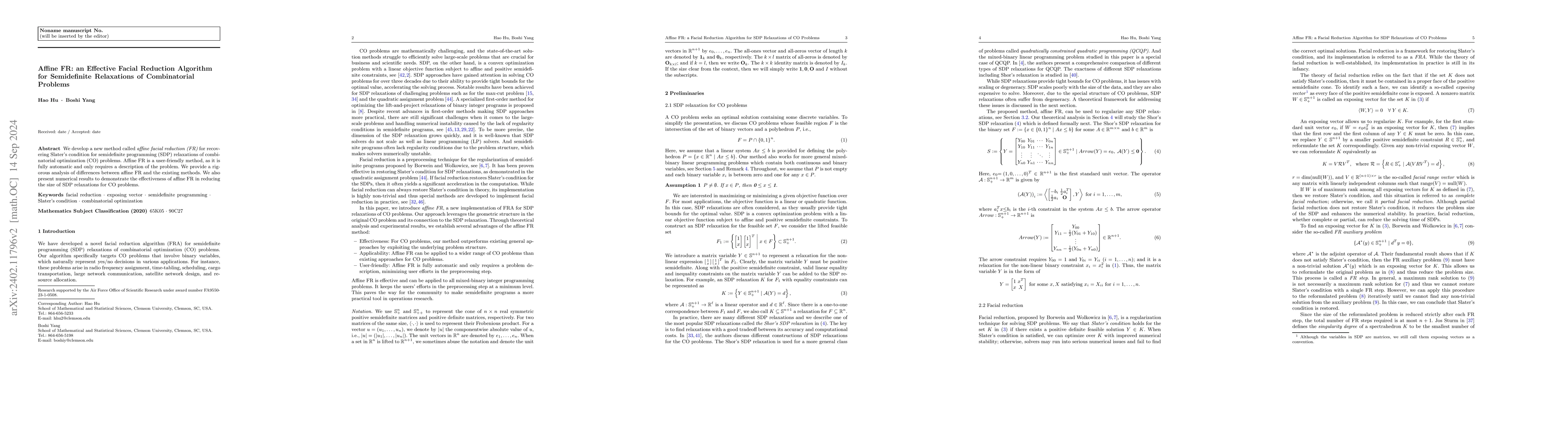 Thumbnail for Affine FR : an Effective Facial Reduction Algorithm for Semidefinite
  Relaxations of Combinatorial Problems