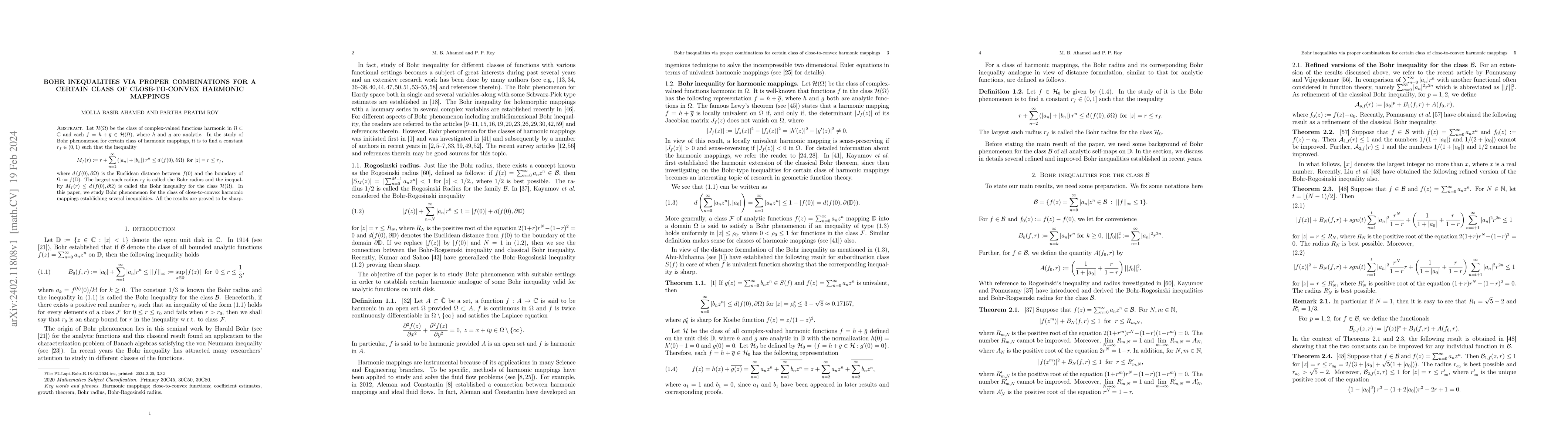 Thumbnail for Bohr inequalities via proper combinations for a certain class of
  close-to-convex harmonic mappings