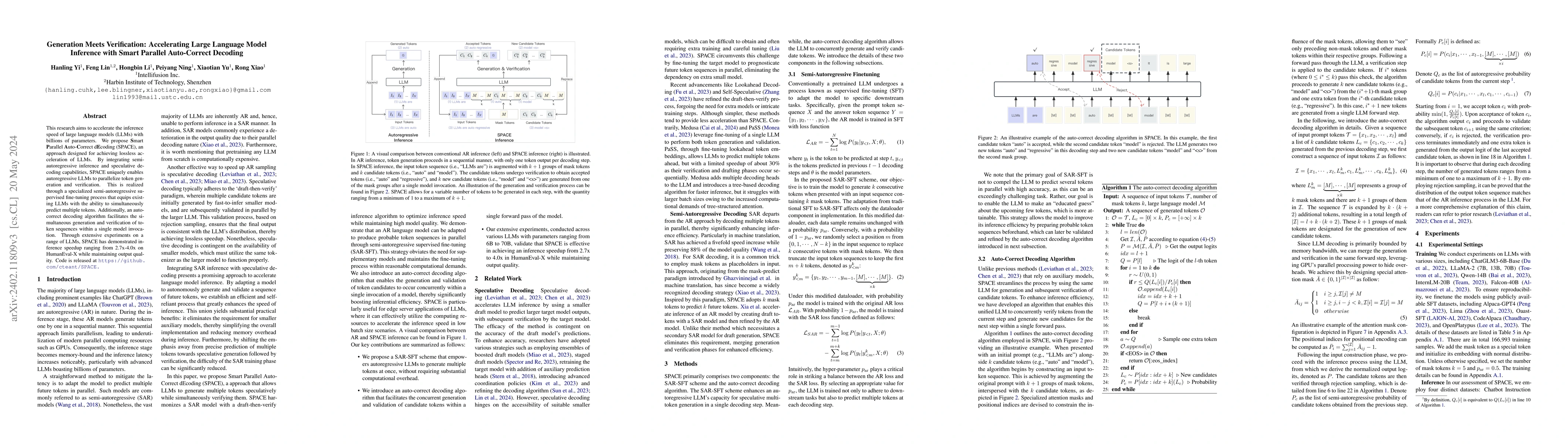 Thumbnail for Generation Meets Verification: Accelerating Large Language Model
  Inference with Smart Parallel Auto-Correct Decoding