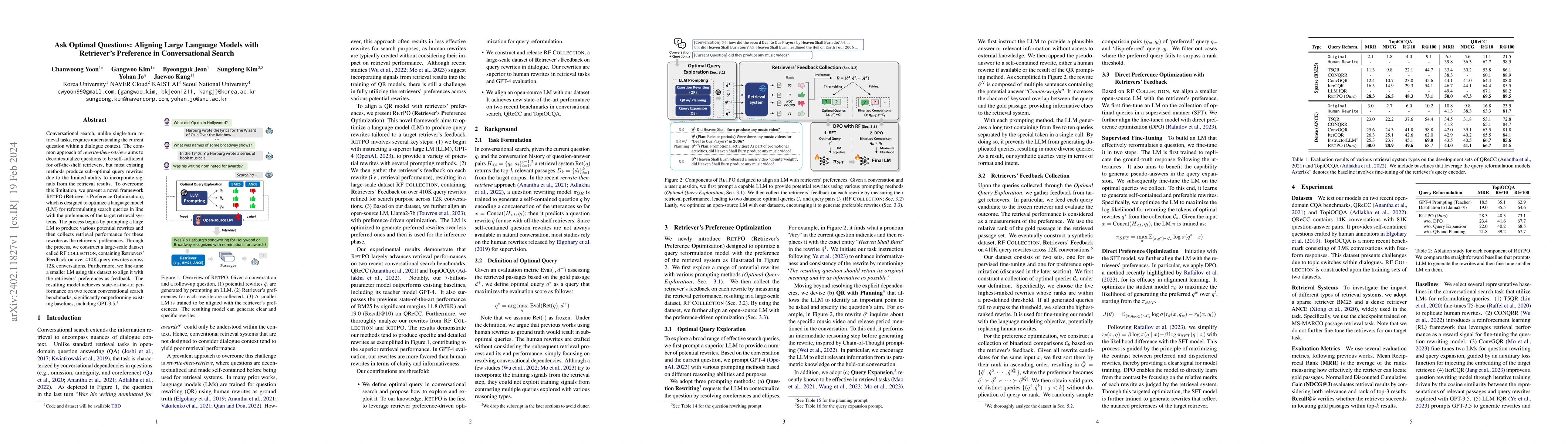 Thumbnail for Ask Optimal Questions: Aligning Large Language Models with Retriever's
  Preference in Conversational Search