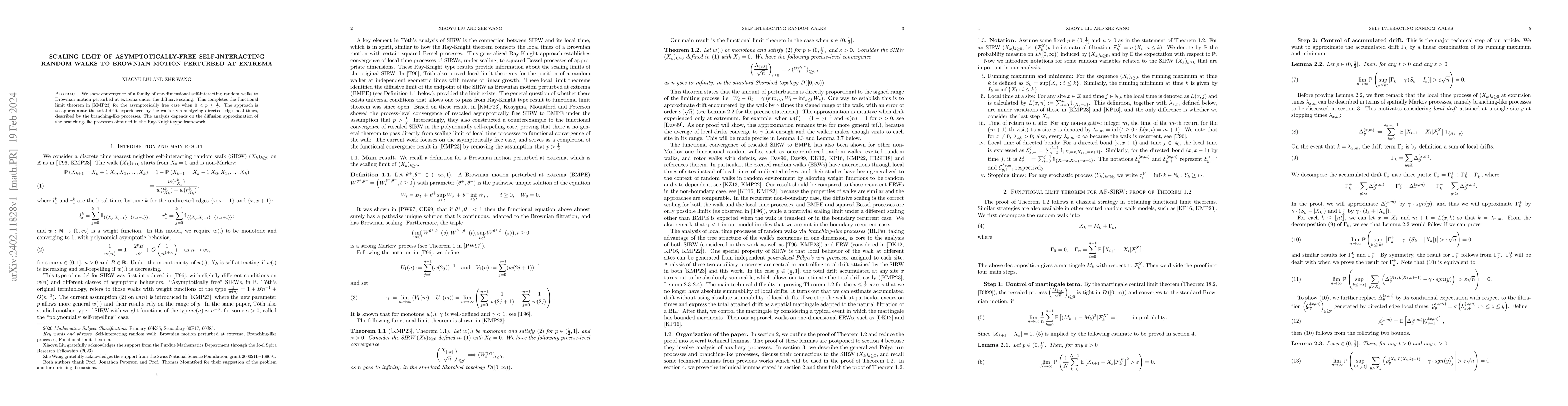 Thumbnail for Scaling Limit of Asymptotically-free Self-interacting Random Walks to
  Brownian Motion Perturbed at Extrema