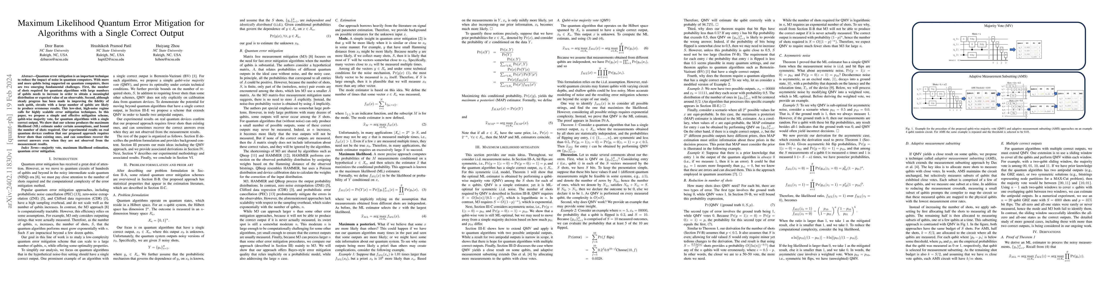 Thumbnail for Maximum Likelihood Quantum Error Mitigation for Algorithms with a Single
  Correct Output