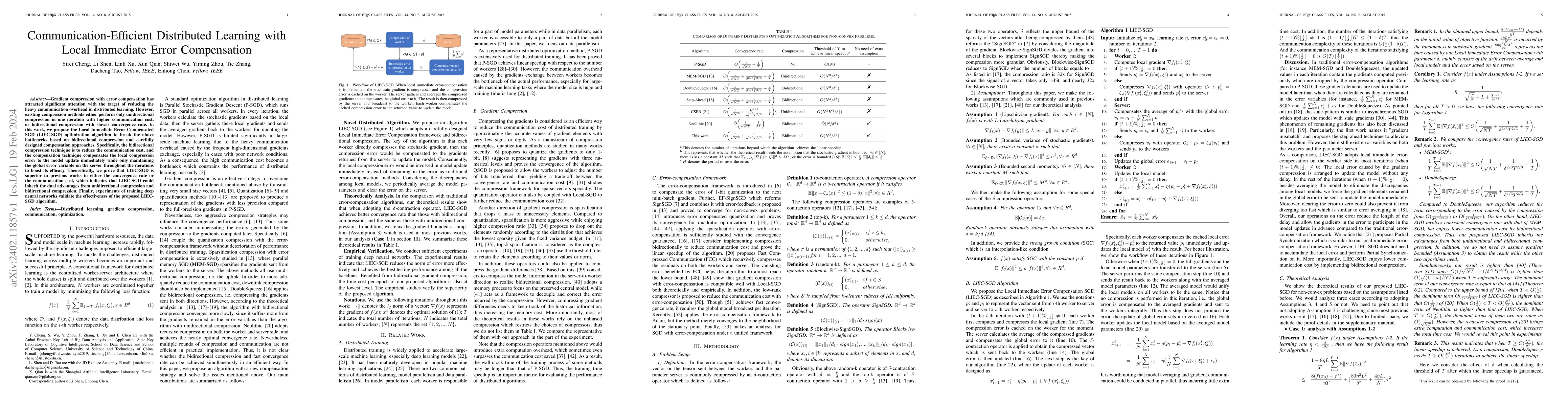 Thumbnail for Communication-Efficient Distributed Learning with Local Immediate Error
  Compensation