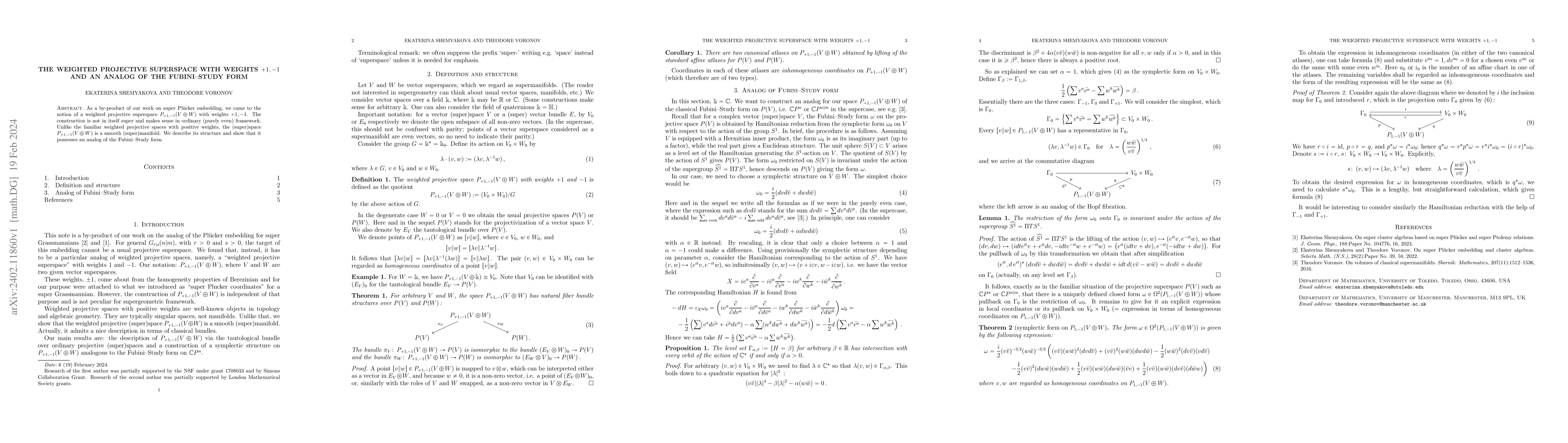 Thumbnail for The weighted projective superspace with weights $+1, -1$ and an analog
  of the Fubini--Study form