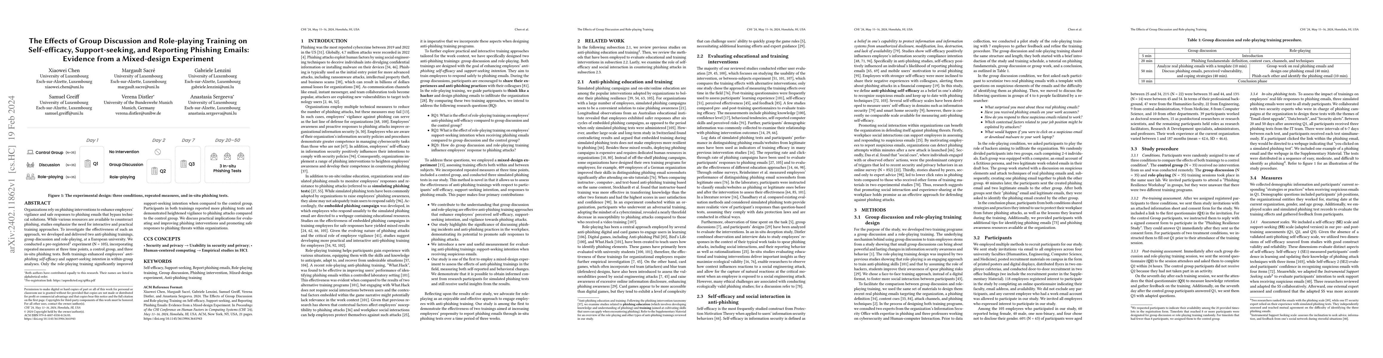 Thumbnail for The Effects of Group Discussion and Role-playing Training on
  Self-efficacy, Support-seeking, and Reporting Phishing Emails: Evidence from
  a Mixed-design Experiment