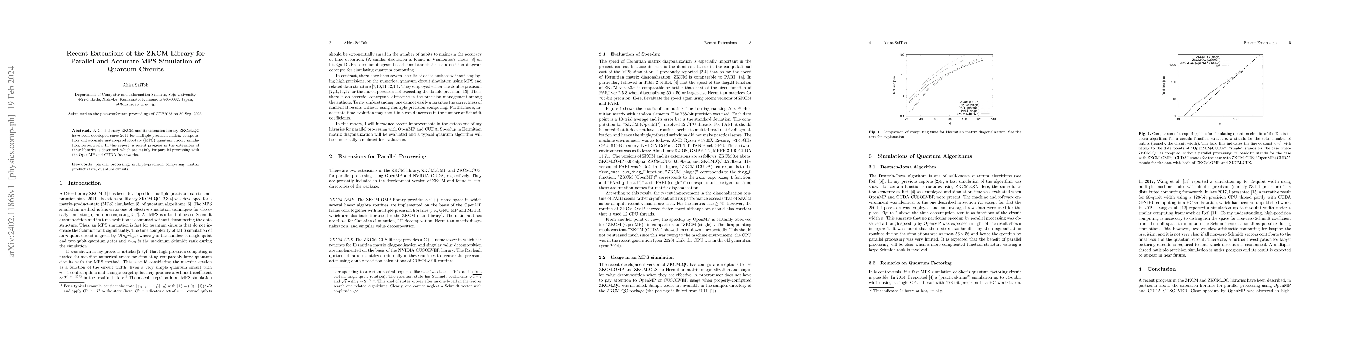 Thumbnail for Recent Extensions of the ZKCM Library for Parallel and Accurate MPS
  Simulation of Quantum Circuits