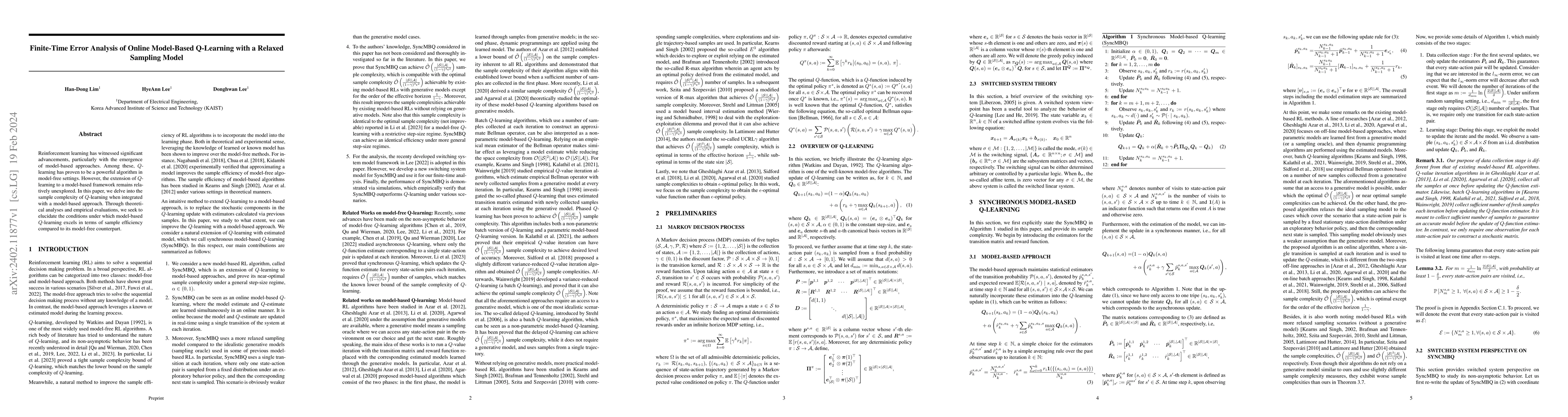 Thumbnail for Finite-Time Error Analysis of Online Model-Based Q-Learning with a
  Relaxed Sampling Model