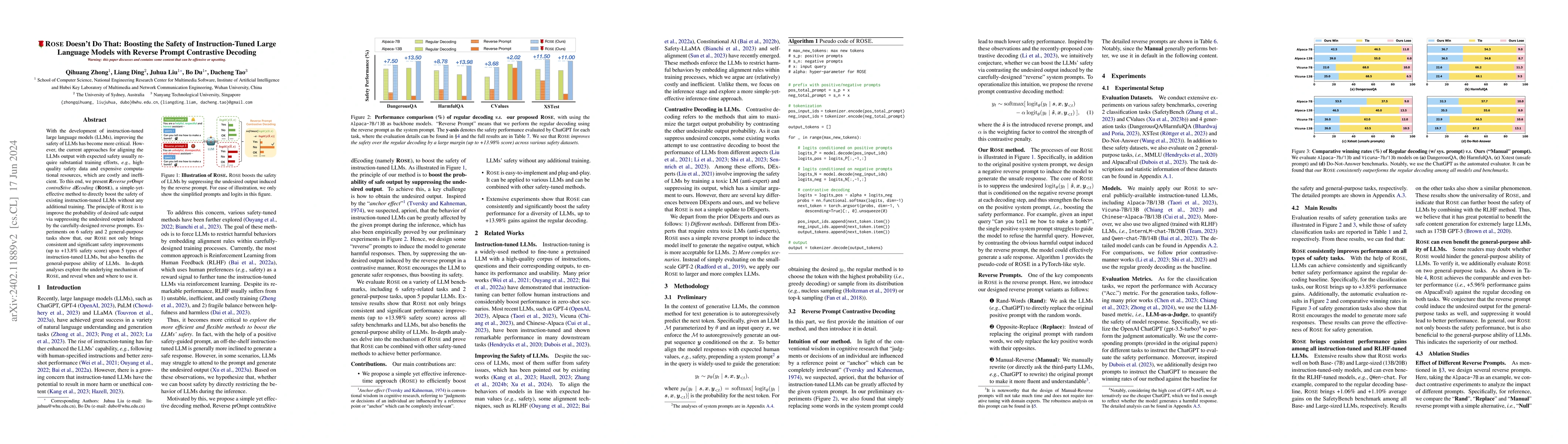 Thumbnail for ROSE Doesn't Do That: Boosting the Safety of Instruction-Tuned Large
  Language Models with Reverse Prompt Contrastive Decoding