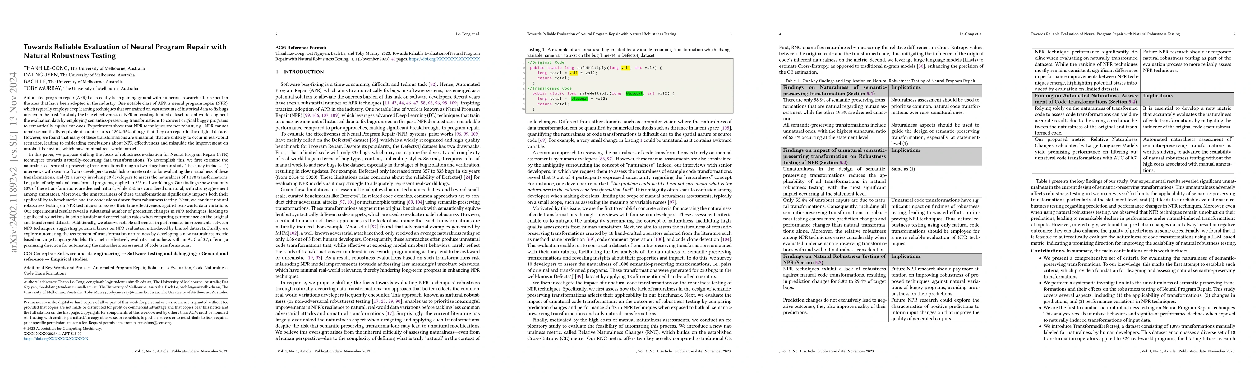 Thumbnail for Evaluating Program Repair with Semantic-Preserving Transformations: A
  Naturalness Assessment