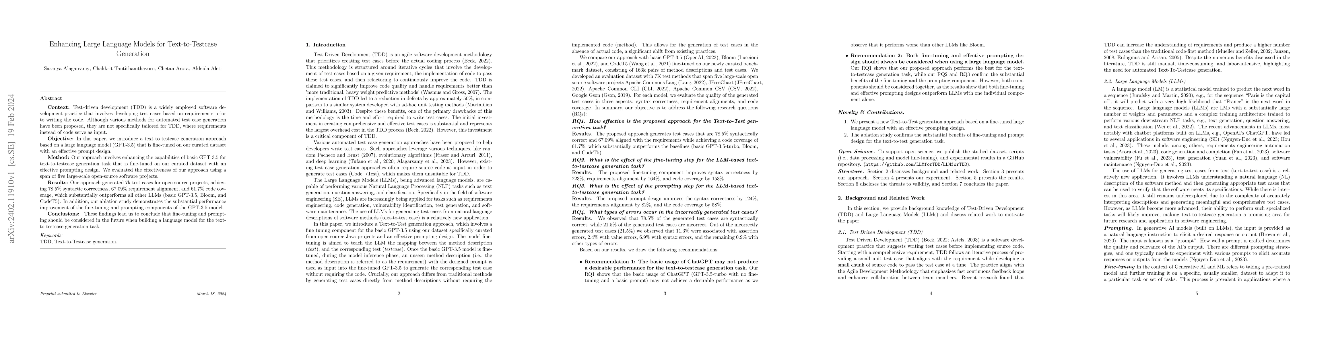 Thumbnail for Enhancing Large Language Models for Text-to-Testcase Generation