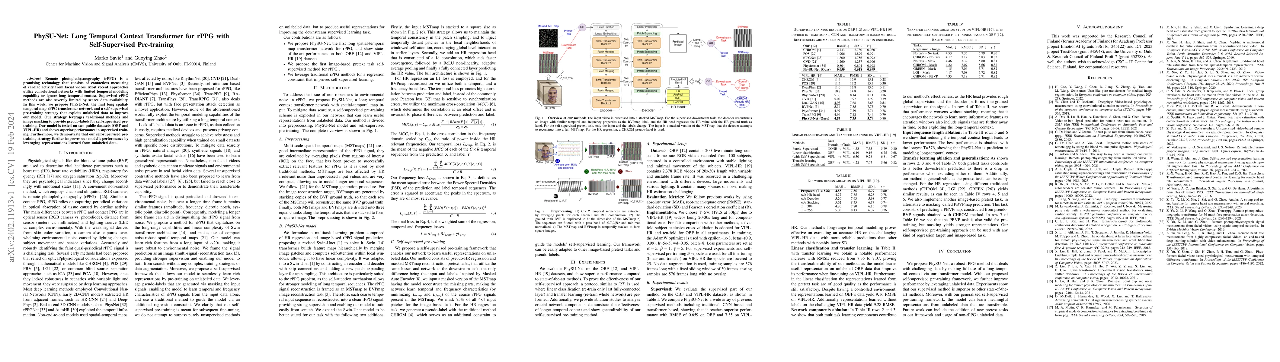 Thumbnail for PhySU-Net: Long Temporal Context Transformer for rPPG with
  Self-Supervised Pre-training