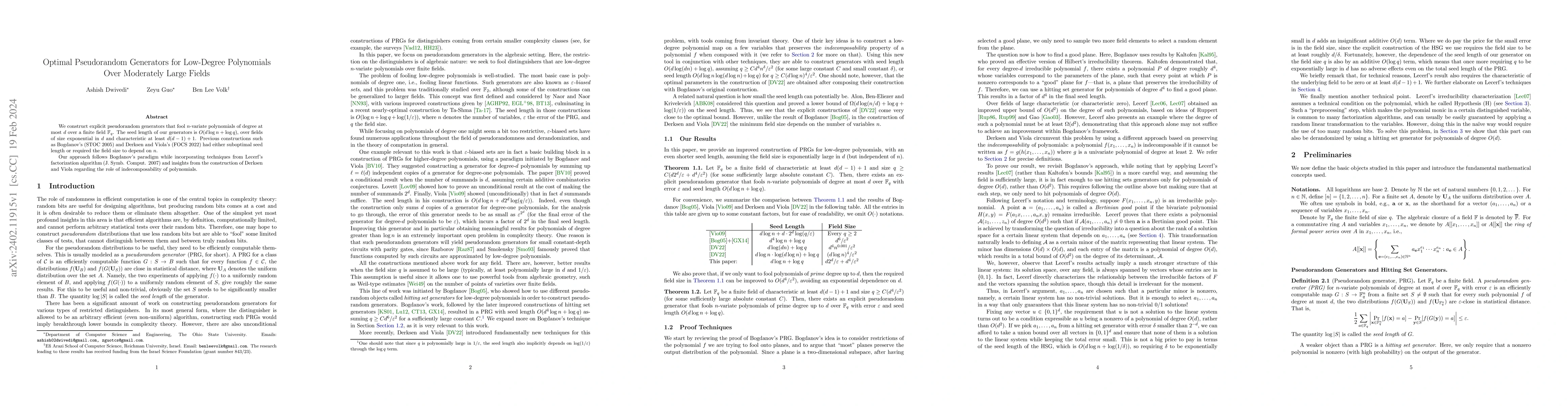 Thumbnail for Optimal Pseudorandom Generators for Low-Degree Polynomials Over
  Moderately Large Fields