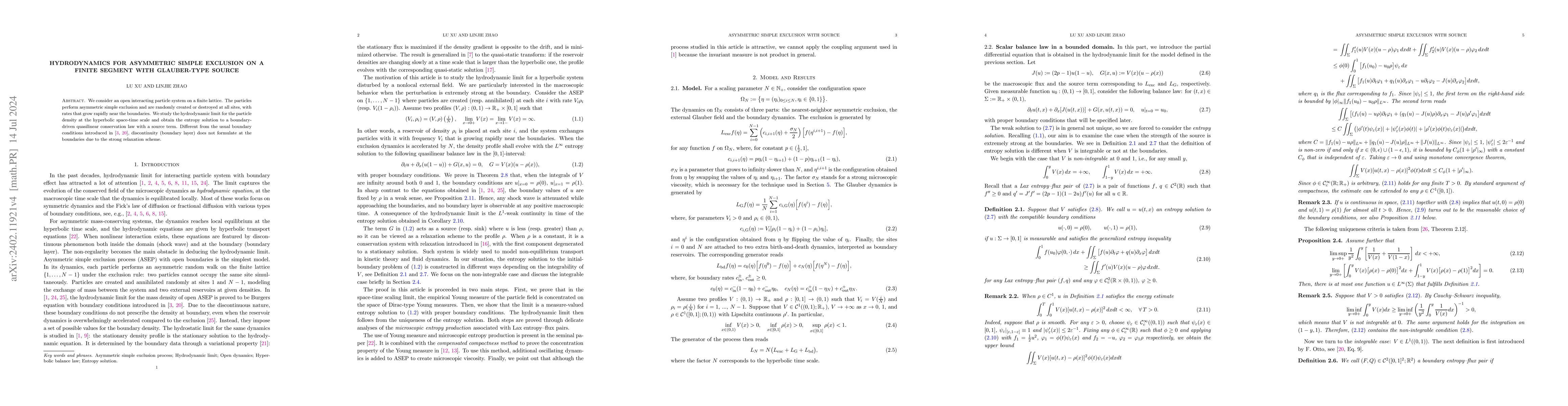 Thumbnail for Hydrodynamics for asymmetric simple exclusion on a finite segment with
  Glauber-type source