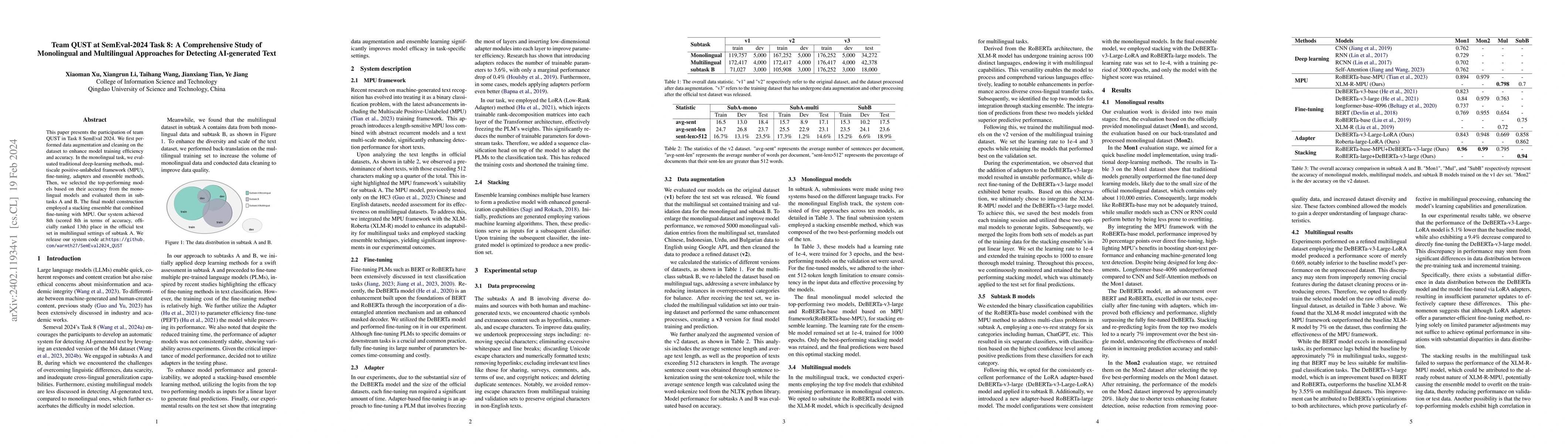 Thumbnail for Team QUST at SemEval-2024 Task 8: A Comprehensive Study of Monolingual
  and Multilingual Approaches for Detecting AI-generated Text