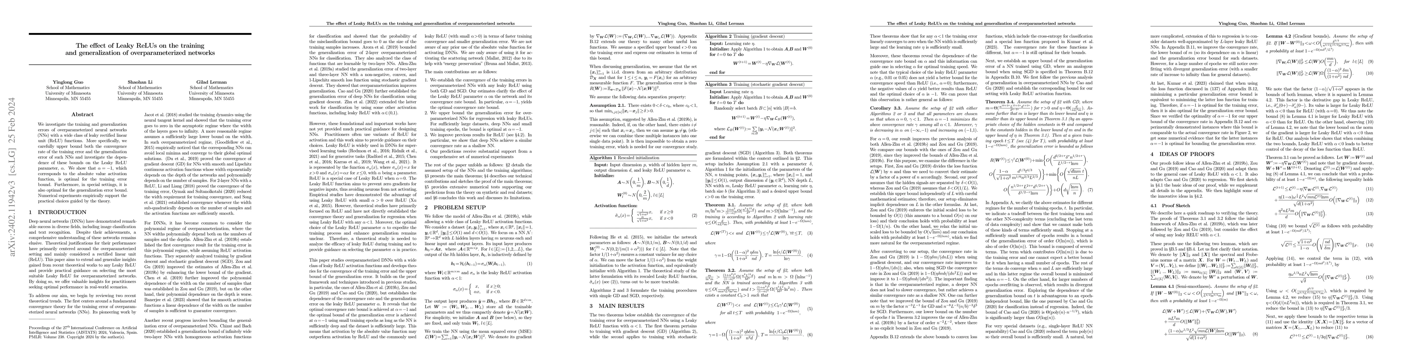 Thumbnail for The effect of Leaky ReLUs on the training and generalization of
  overparameterized networks