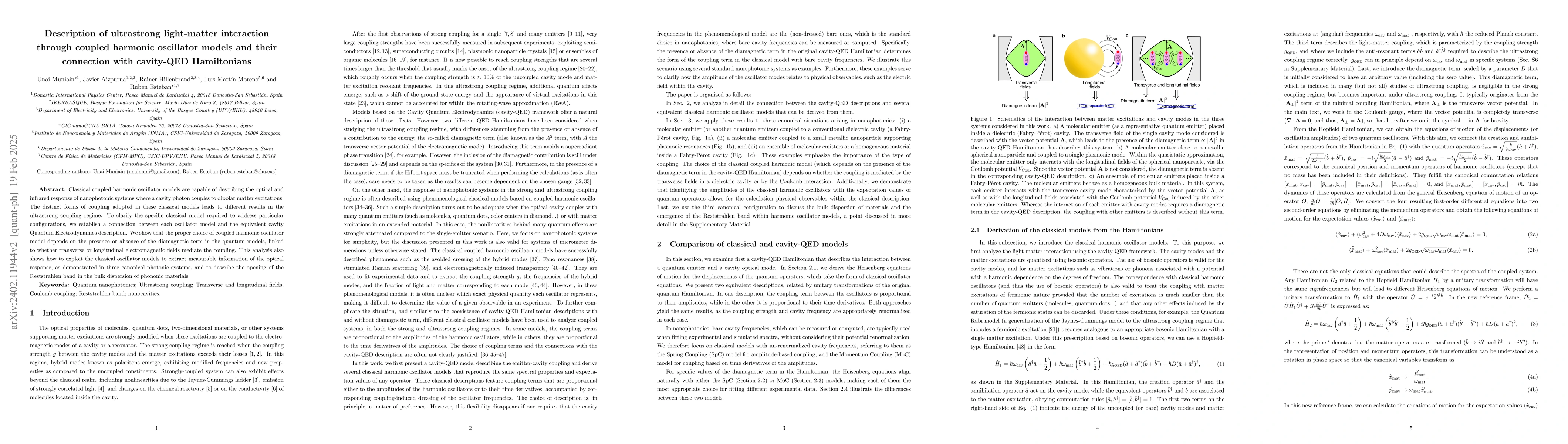 Thumbnail for Description of ultrastrong light-matter interaction through coupled
  harmonic oscillator models and their connection with cavity-QED Hamiltonians