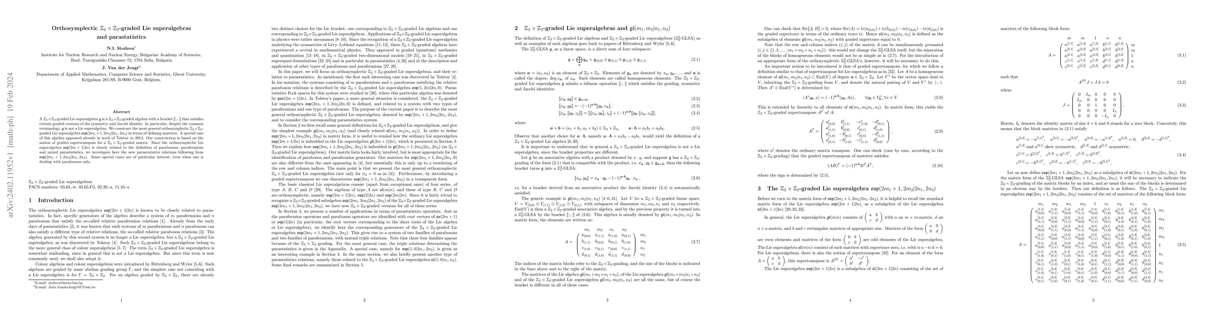 Thumbnail for Orthosymplectic $Z_2\times Z_2$-graded Lie superalgebras and
  parastatistics