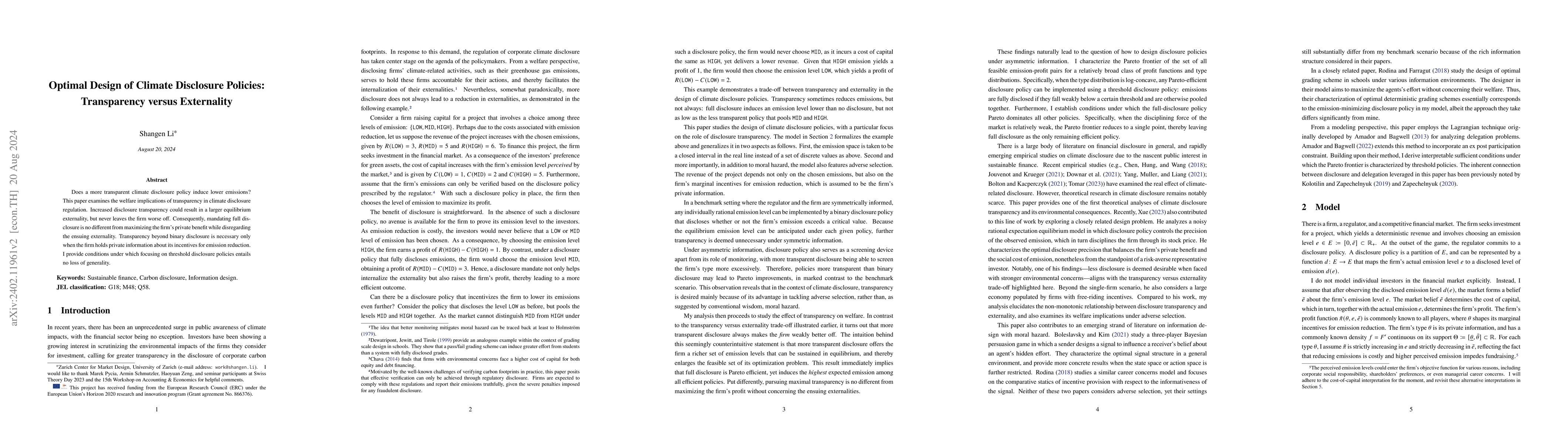 Thumbnail for Optimal Design of Climate Disclosure Policies: Transparency versus
  Externality