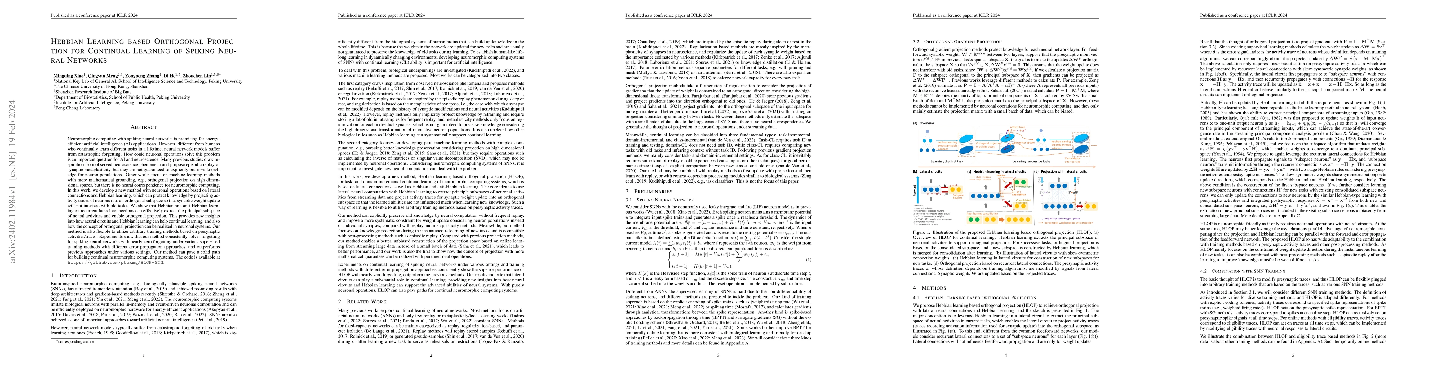 Thumbnail for Hebbian Learning based Orthogonal Projection for Continual Learning of
  Spiking Neural Networks