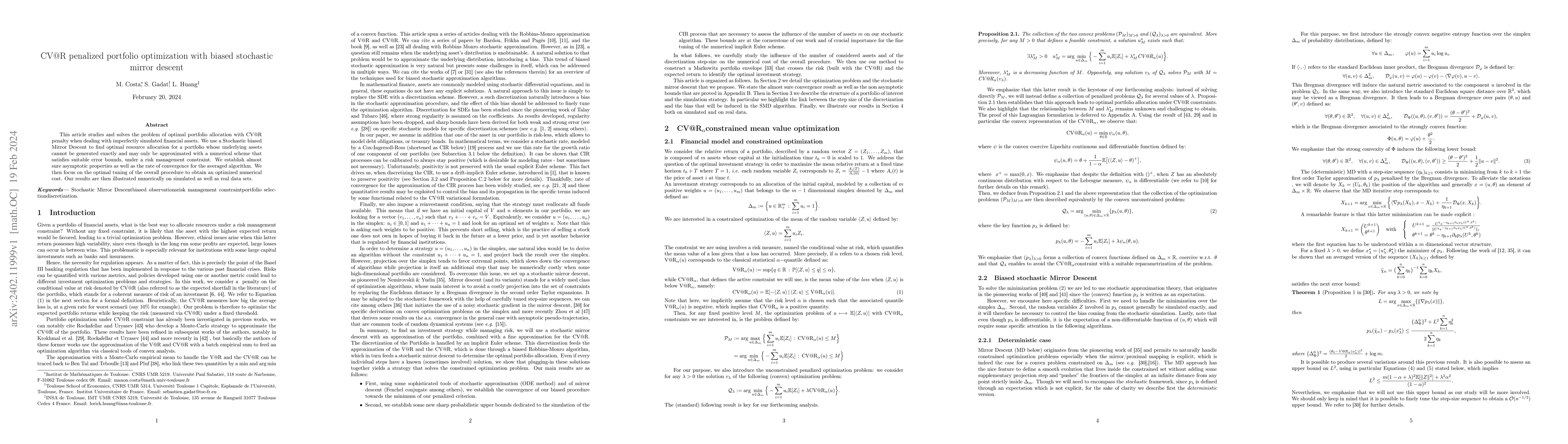 Thumbnail for CV@R penalized portfolio optimization with biased stochastic mirror
  descent