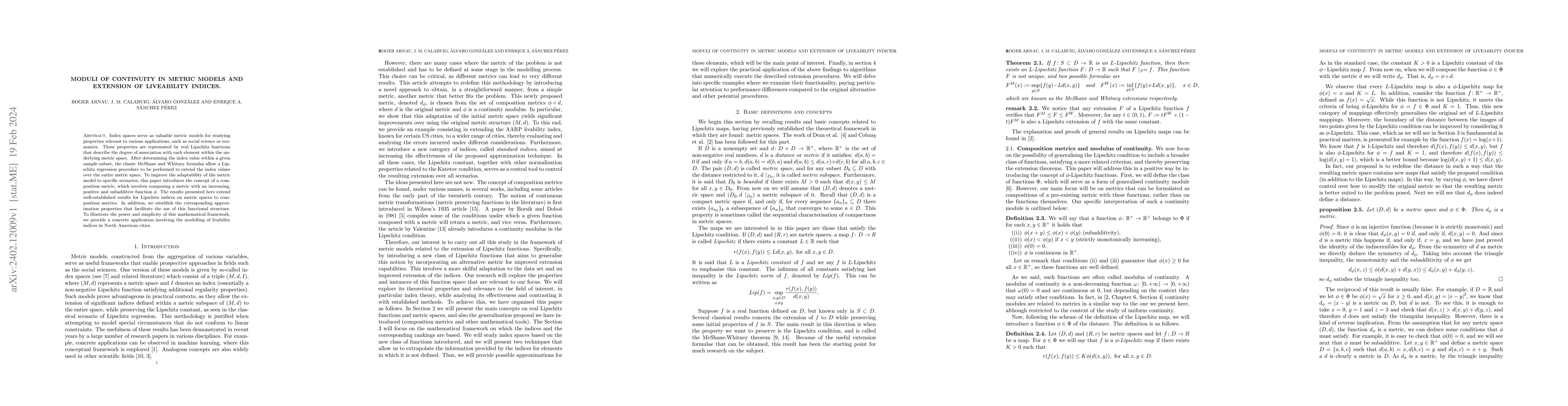 Thumbnail for Moduli of Continuity in Metric Models and Extension of Liveability
  Indices