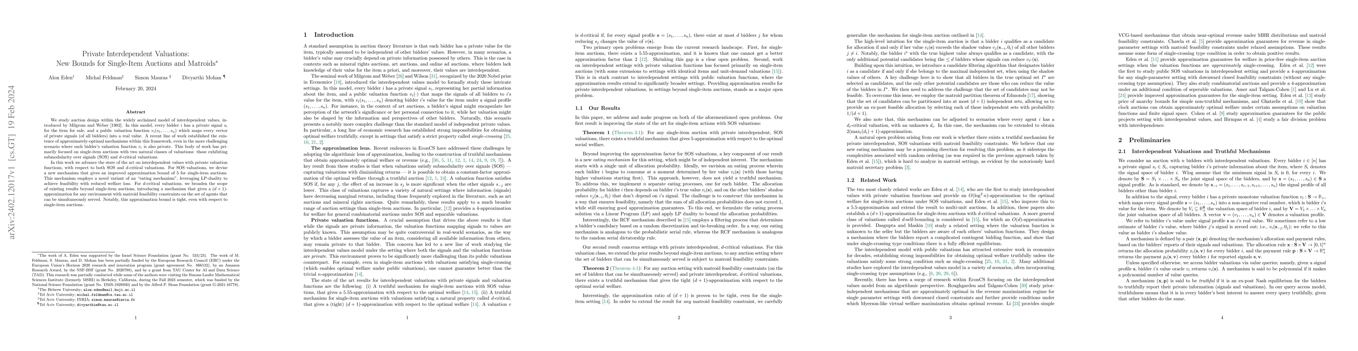 Thumbnail for Private Interdependent Valuations: New Bounds for Single-Item Auctions
  and Matroids