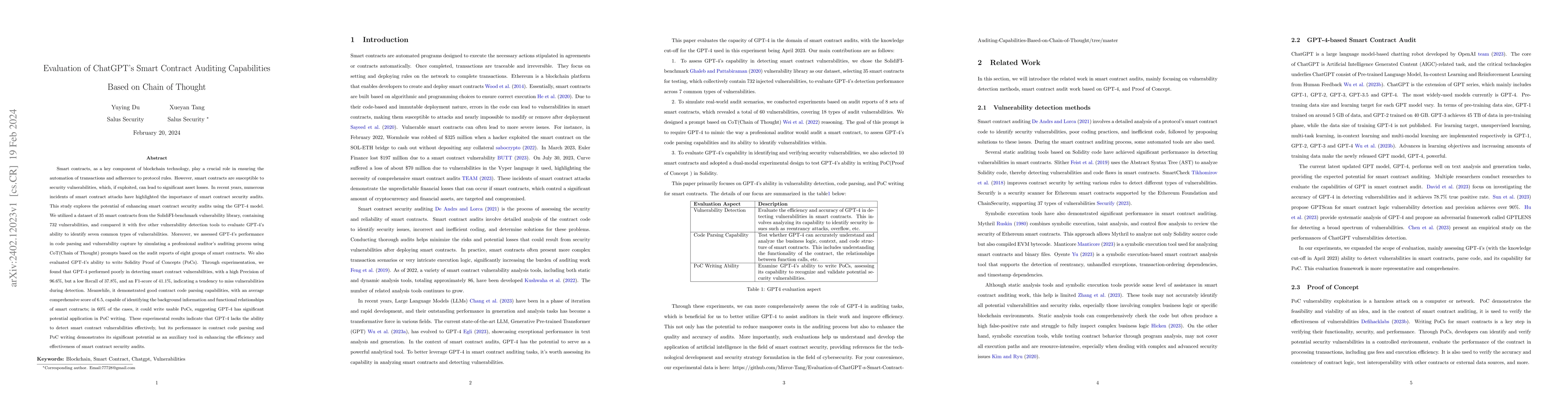 Thumbnail for Evaluation of ChatGPT's Smart Contract Auditing Capabilities Based on
  Chain of Thought