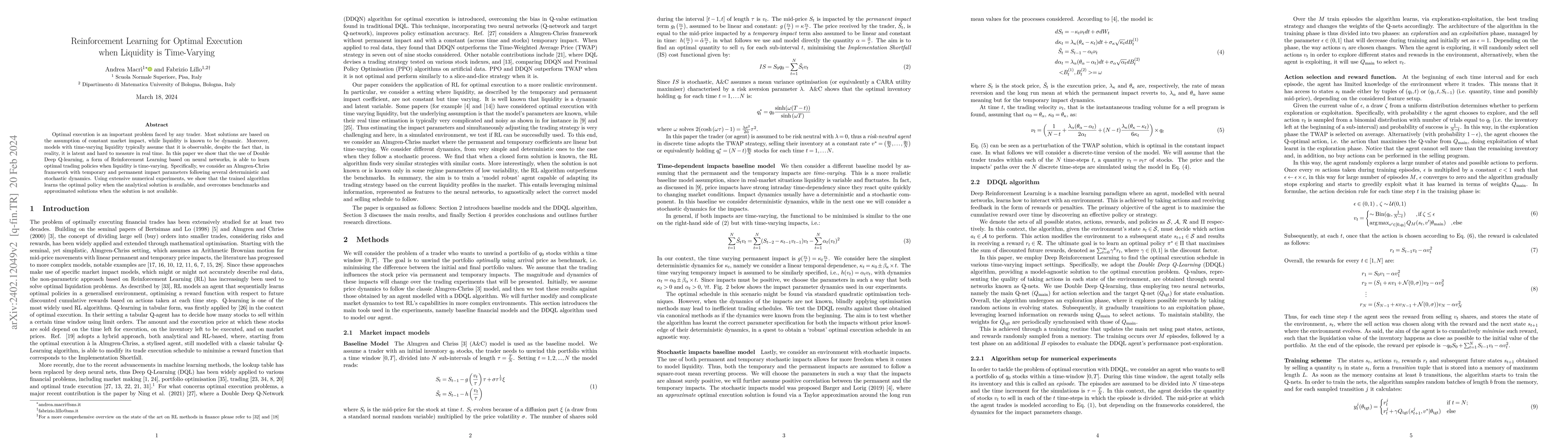 Thumbnail for Reinforcement Learning for Optimal Execution when Liquidity is
  Time-Varying