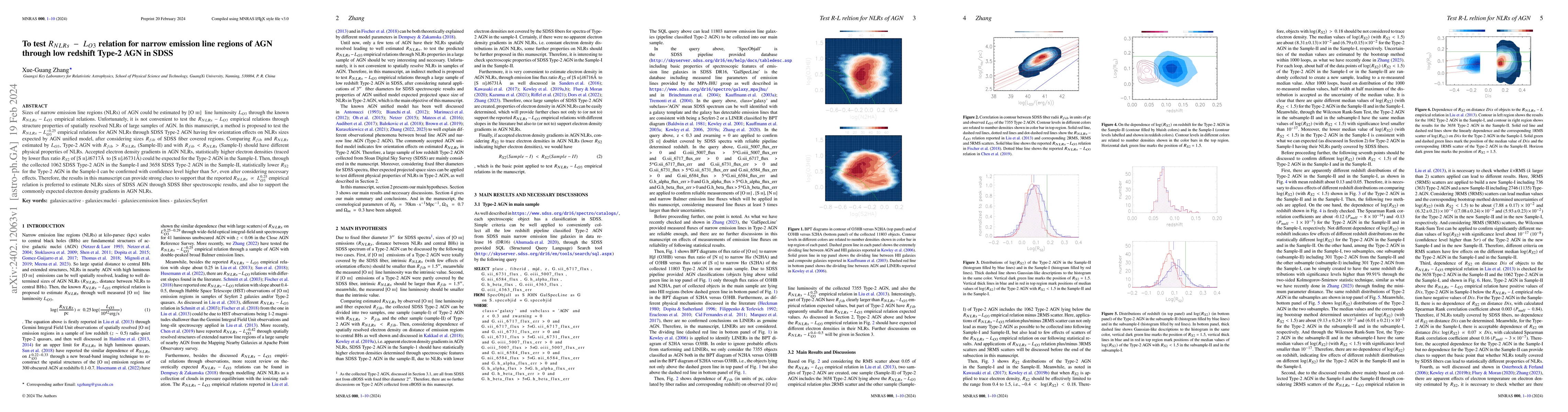 Thumbnail for To test $R_{NLRs}~-~L_{O3}$ relation for narrow emission line regions of
  AGN through low redshift Type-2 AGN in SDSS